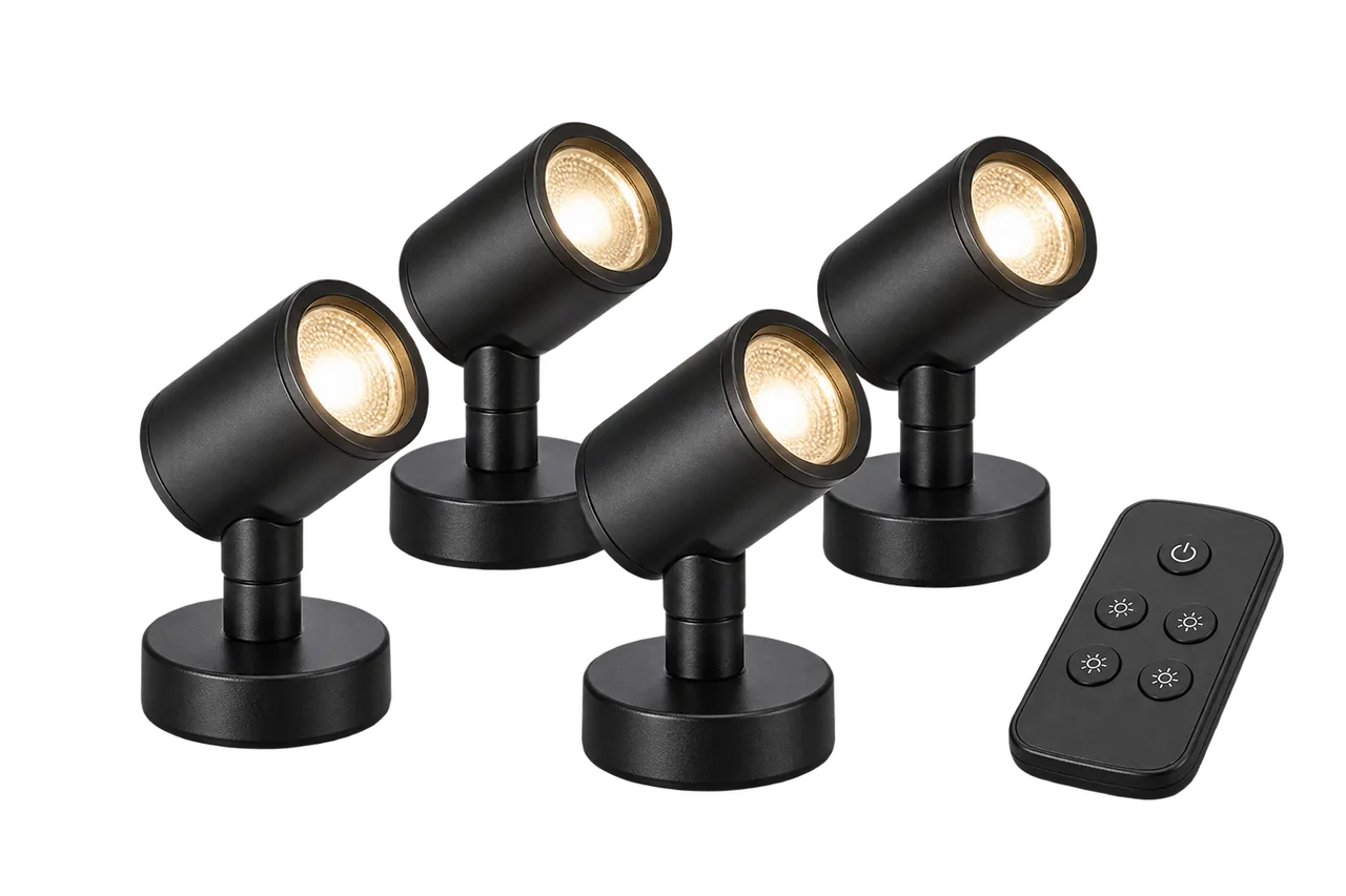 Set of four battery-powered wireless pinspot lights