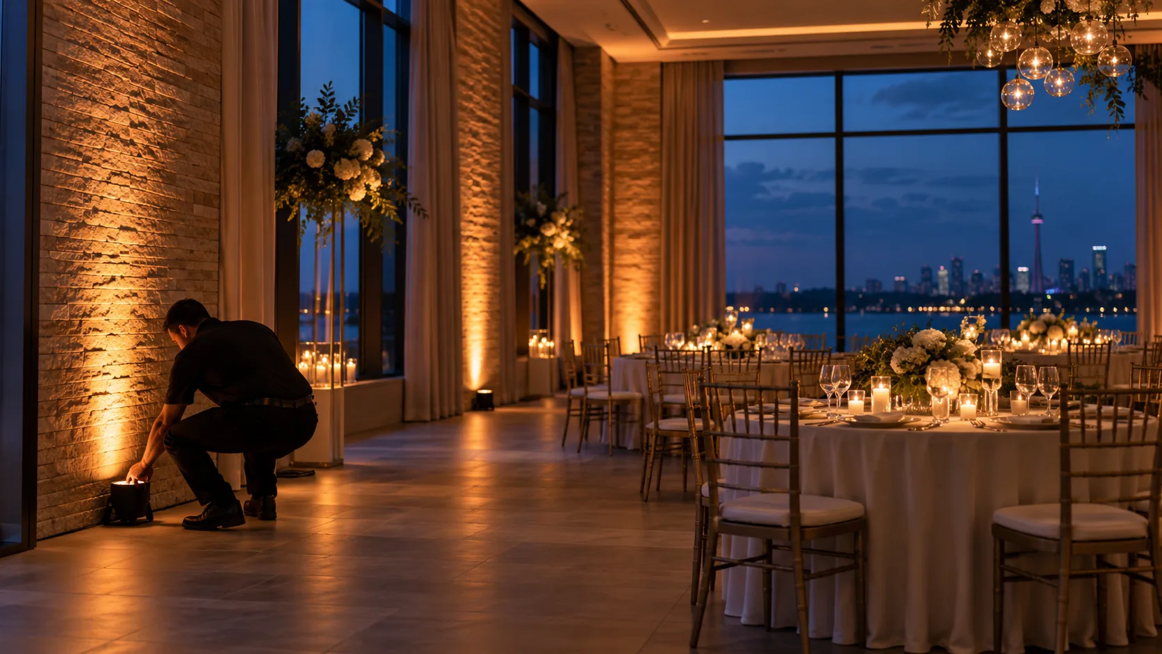 Technician placing wireless uplights before an Ontario event
