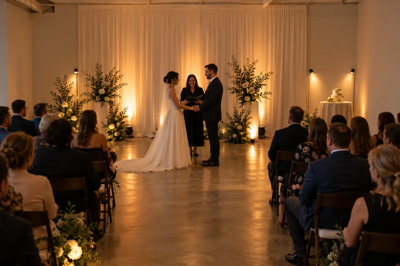 Warm indoor ceremony lighting in a compact venue