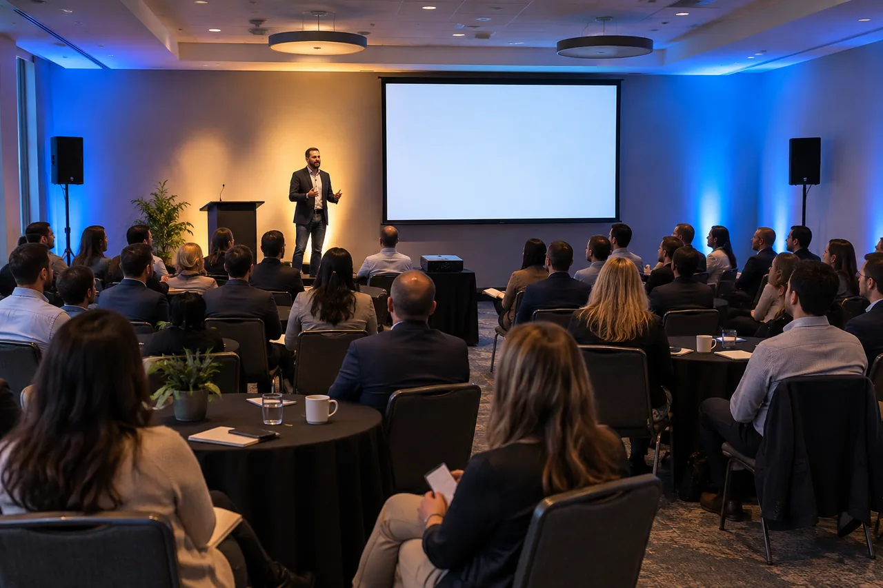 Blue room lighting at a small corporate presentation