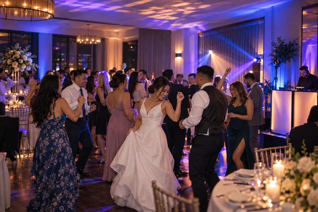 Compact dance floor lighting at an attainable wedding
