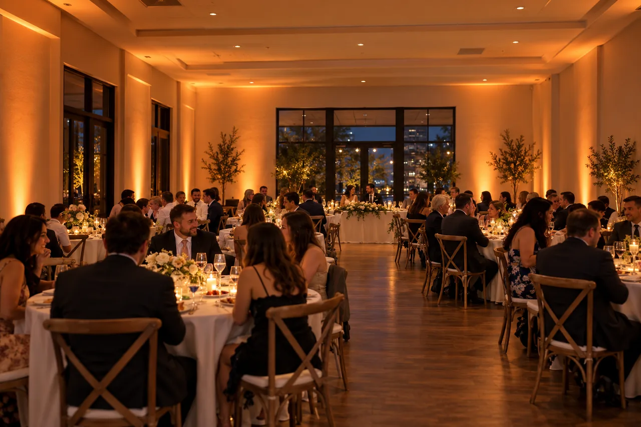 Warm room uplighting at a mid-size wedding reception